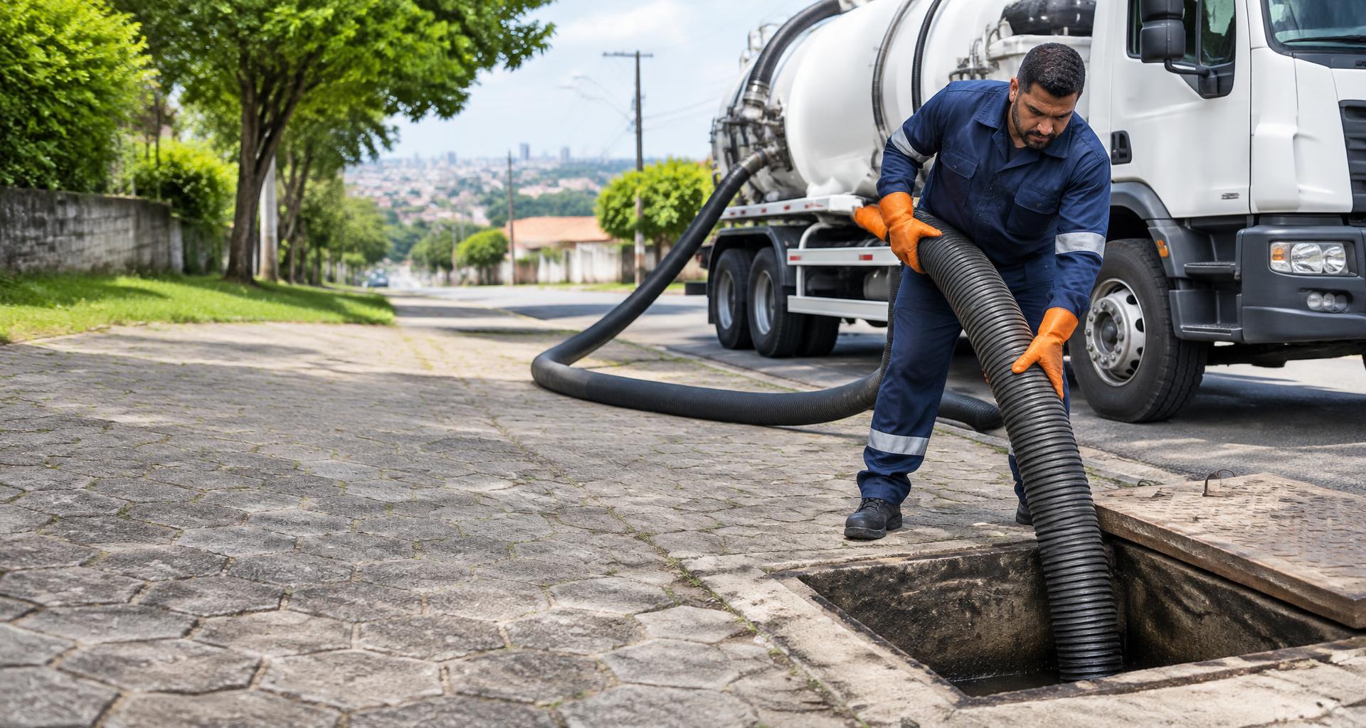 Profissional realizando sucção com equipamento de desentupimento
